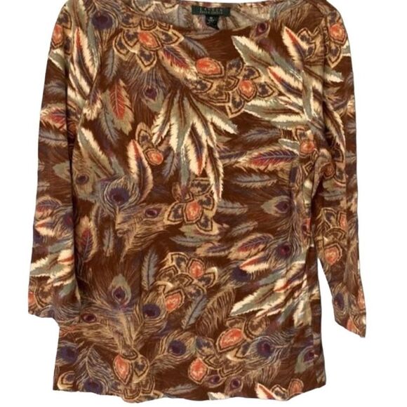 Ralph Lauren vintage women’s boat neck, feather, print top size med - Picture 1 of 4